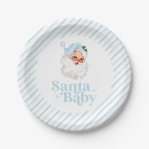 Prato De Papel Retro Azul Santa Bebê chás de bebê de Natal