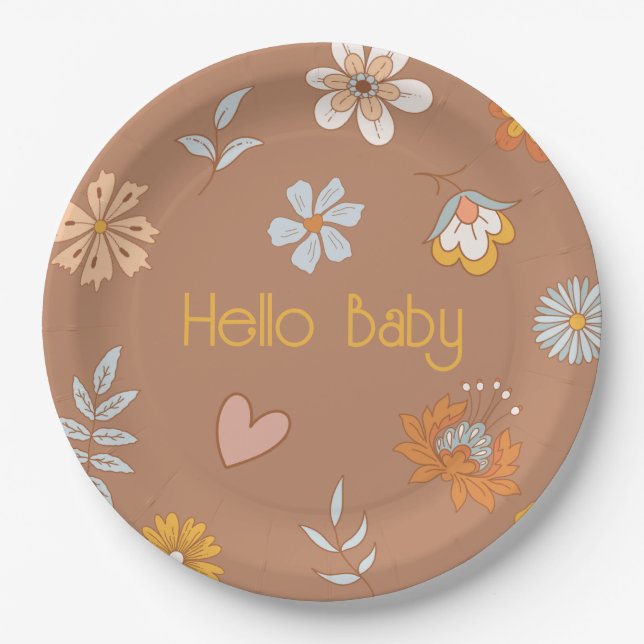 Prato De Papel Retro Boho Floral Chá de fraldas Hello Baby Tablet (Frente)
