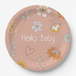 Prato De Papel Retro Boho Floral Chá de fraldas Hello Baby Tablet