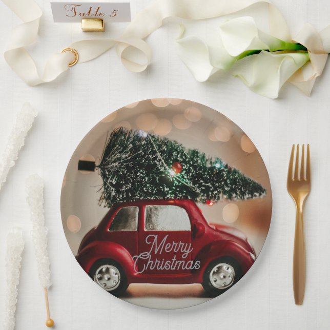 Prato De Papel Retro Car Carrying Christmas Tree Paper Plates (Casamento)