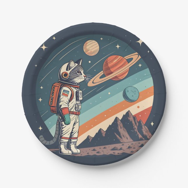 Prato De Papel Retro Cat Astronaut Cosmic Space Illustration (Frente)