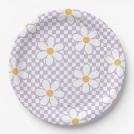Prato De Papel Retro Checker Lilac Daisy aniversário