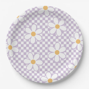 Prato De Papel Retro Checker Lilac Daisy aniversário