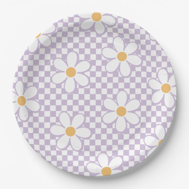 Prato De Papel Retro Checker Lilac Daisy aniversário (Frente)