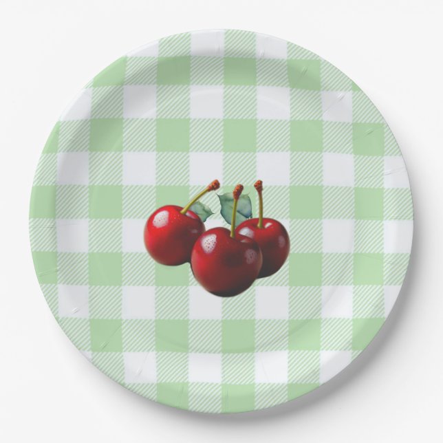 Prato De Papel Retro Cherries fresh picked green gingham (Frente)