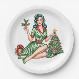 Prato De Papel Retro Christmas Pin-Up Paper Plate
