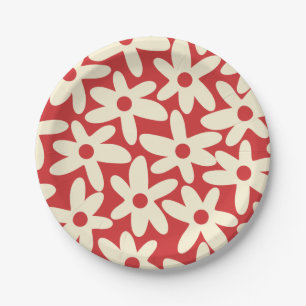 Prato De Papel Retro Daisies Padrão Floral Vermelho e Creme