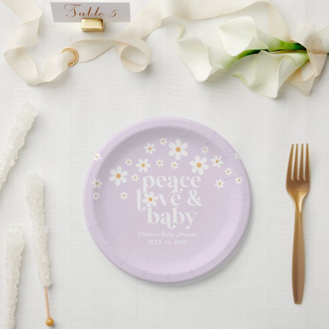 Prato De Papel Retro Daisy boho Paz Amor Churrasco lilás (Casamento)