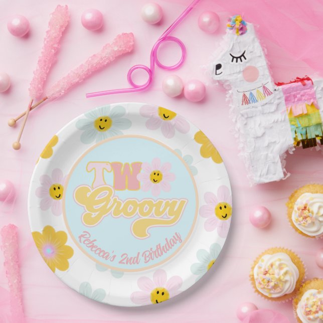 Prato De Papel Retro Daisy Duas Placas Personalizadas De Aniversá (Festa)