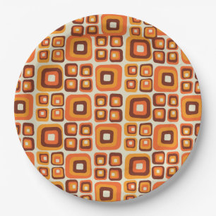 Prato De Papel Retro Década de 1970 Geométrico Laranja e Marrom d