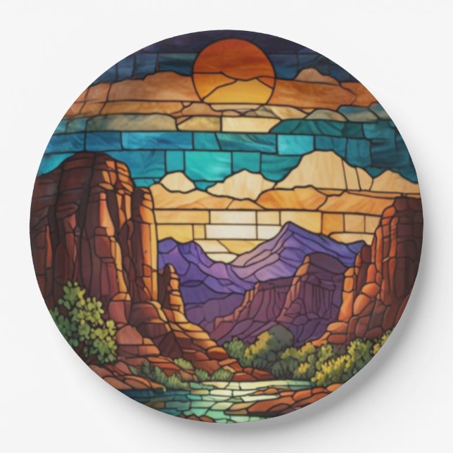 Prato De Papel Retro desert scene Sedona mountains stainglass art (Frente)