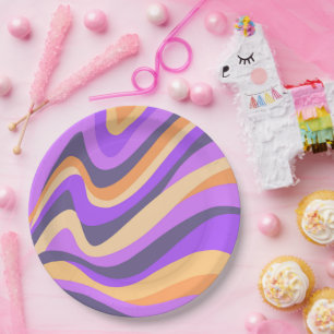Prato De Papel Retro-espirais - roxo e laranja