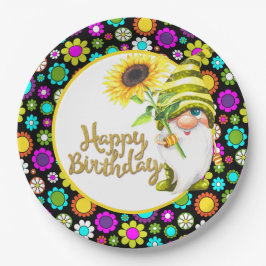 Prato De Papel Retro Flowers Birthday Gnome