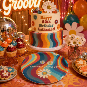 Prato De Papel Retro Groovy 50º Aniversário Nome Personalizado