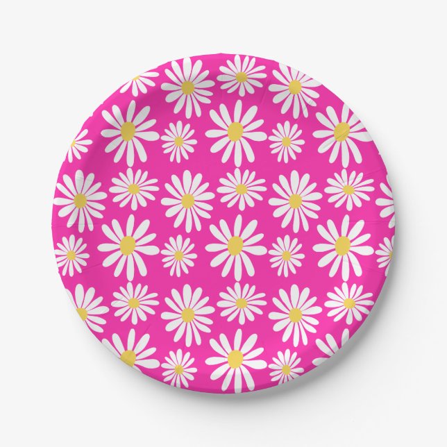 Prato De Papel Retro Groovy Daisies Primavera Daisy Boho Pink (Frente)