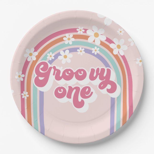 Prato De Papel Retro Groovy One Rainbow Pink (Frente)