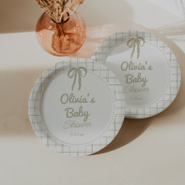 Prato De Papel Retro Hand Drawn Green Bow Gingham Baby Shower 