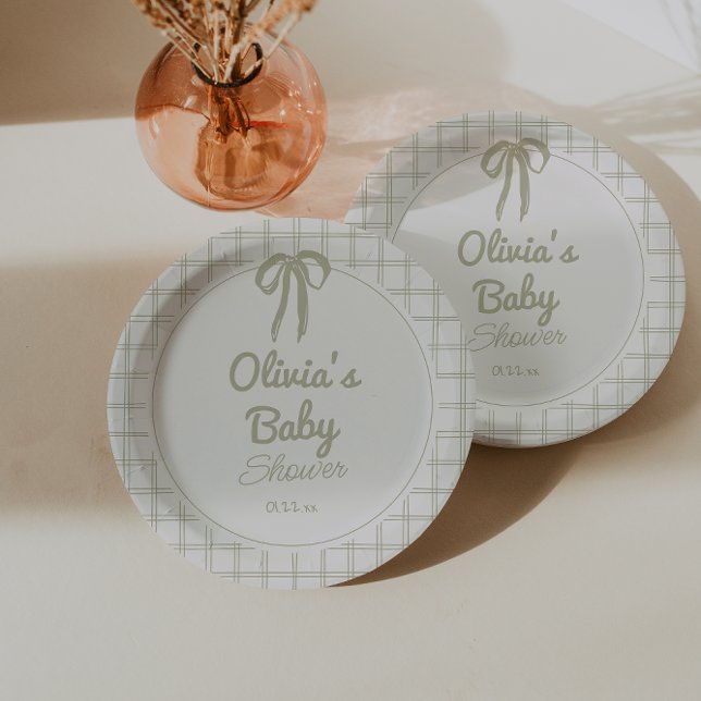 Prato De Papel Retro Hand Drawn Green Bow Gingham Baby Shower  (Criador carregado)