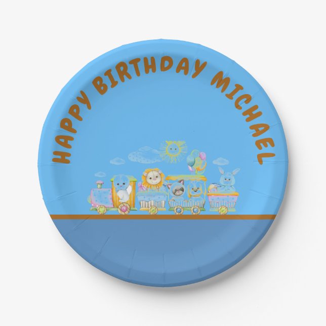 Prato De Papel Retro Happy Birthday Animal Train Paper Plate (Frente)