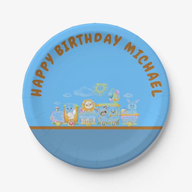 Prato De Papel Retro Happy Birthday Animal Train Paper Plate (Frente)