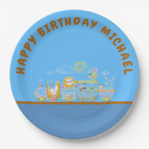 Retro Happy Birthday Animal Train Paper Plate