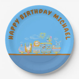Prato De Papel Retro Happy Birthday Animal Train Paper Plate