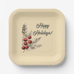Prato De Papel Retro Holly Berries e Evergreen Paper Plate