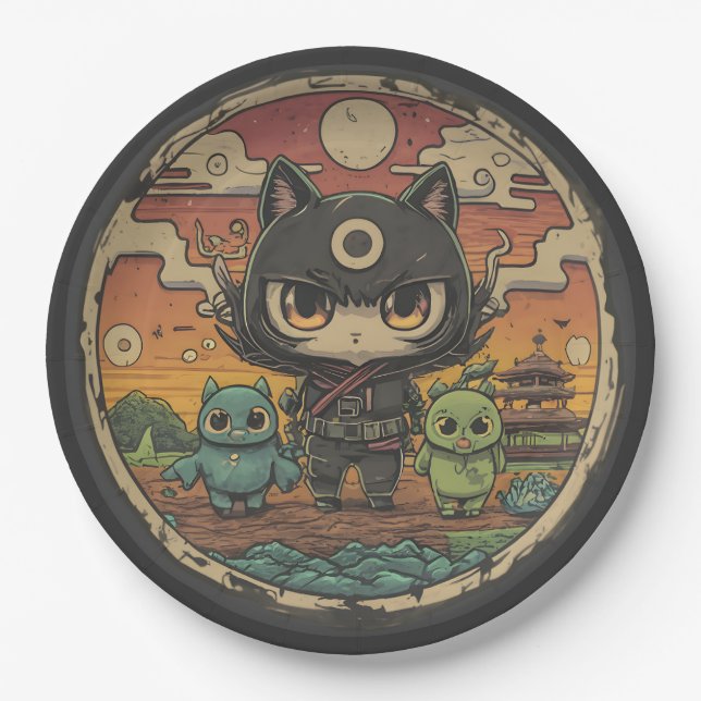 Prato De Papel Retro Island Pals: Ninja Cat Crew (Frente)