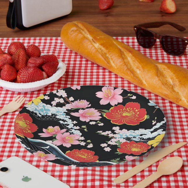 Prato De Papel Retro Modern Seigaiha Sakura Flowers Japan party (Piquenique)