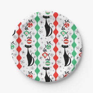 Prato De Papel Retro Natal Gato Listra Multi redondo