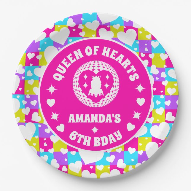 Prato De Papel Retro Neon Queen Of Heart Aniversário (Frente)