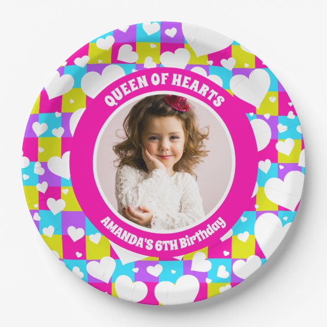 Prato De Papel Retro Neon Queen Of Heart Foto De Festa de anivers (Frente)
