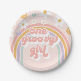 Prato De Papel Retro One Groovy Girl Aniversário Arco-íris