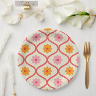 Prato De Papel Retro Orange and Pink flowers on Ogee Pattern 