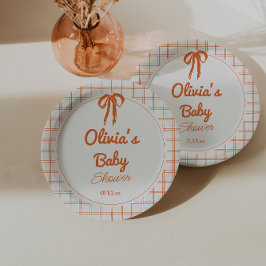 Prato De Papel Retro Orange Hand Drawn Written Bow Baby Shower