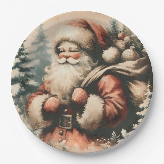 Prato De Papel Retro Papai Noel com Ornamentos (Frente)
