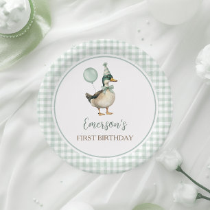Prato De Papel Retro Pato Sortudo Sage Verde Xadrez 1º Aniversári