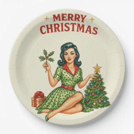 Prato De Papel Retro Pin-Up Merry Christmas Holiday Paper Plate