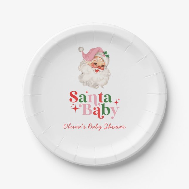 Prato De Papel Retro Pink Santa Baby christmas baby shower (Frente)