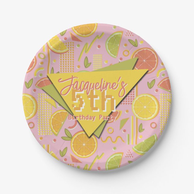 Prato De Papel Retro Pink Summer Citrus Fruit Birthday (Frente)