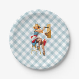 Prato De Papel Retro Pinup Telefone Gingham Vintage Blue Red