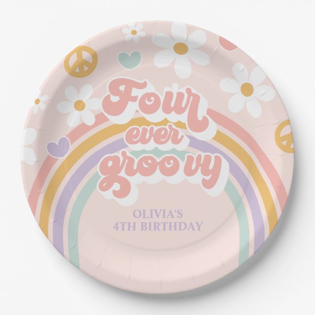Prato De Papel Retro Rainbow Four Ever Groovy 4th Birthday (Frente)