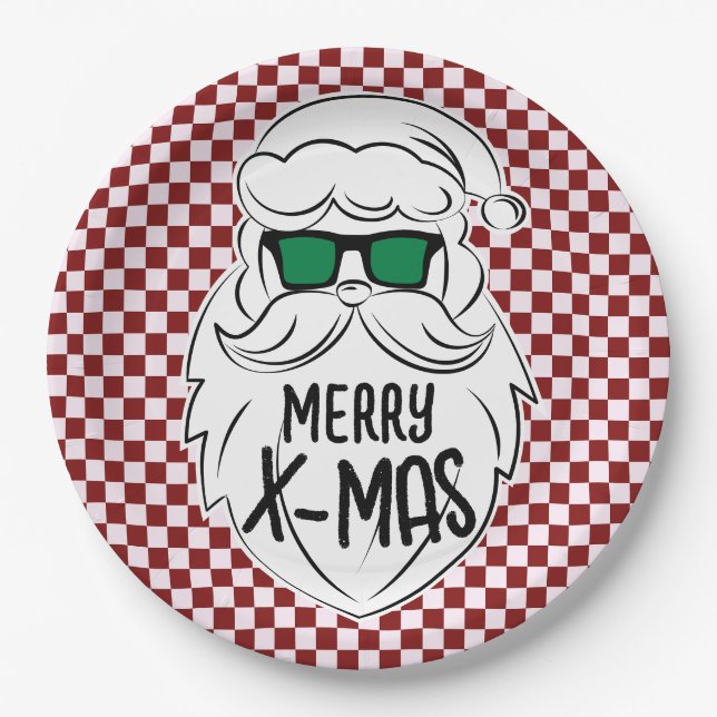 Prato De Papel Retro Red Pink Checkered Santa Claus Christmas  (Frente)