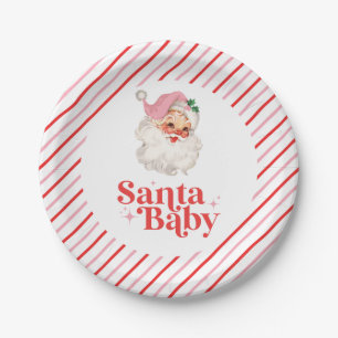 Prato De Papel Retro Rosa Santa Baby festa de bebê de Natal