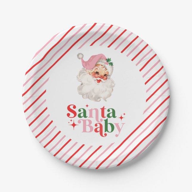 Prato De Papel Retro Rosa Santa Bebê chá de bebê de Natal (Frente)