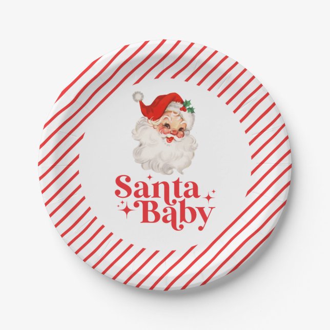 Prato De Papel Retro Santa Baby chá de bebê de Natal (Frente)