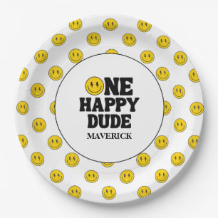 Prato De Papel Retro Um Cara Feliz Sorriso Rosto Menino 1º Aniver
