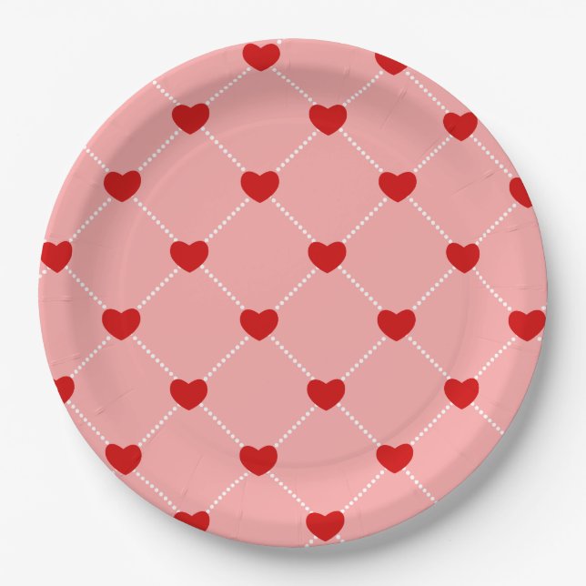 Prato De Papel retro valentines dots hearts pink red (Frente)