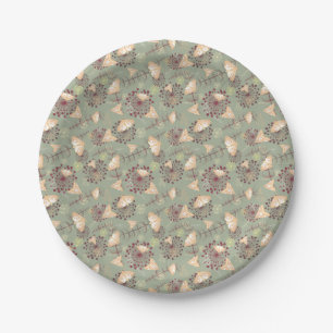 Prato De Papel retro verde marrom laranja linda borboleta