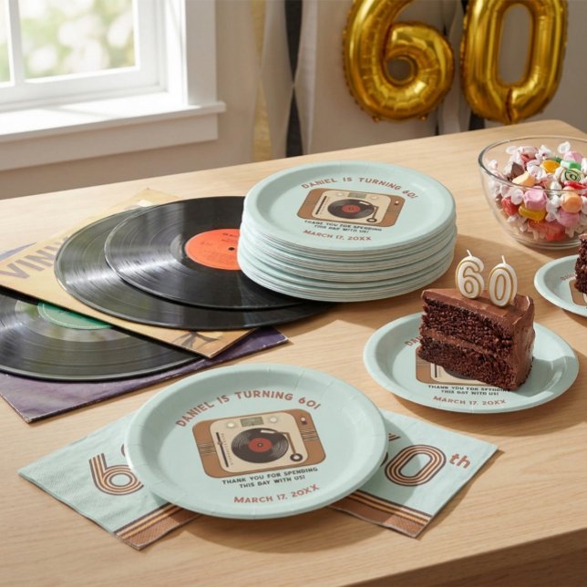 Prato De Papel Retro Vinyl Record Player 60th Birthday  (Criador carregado)